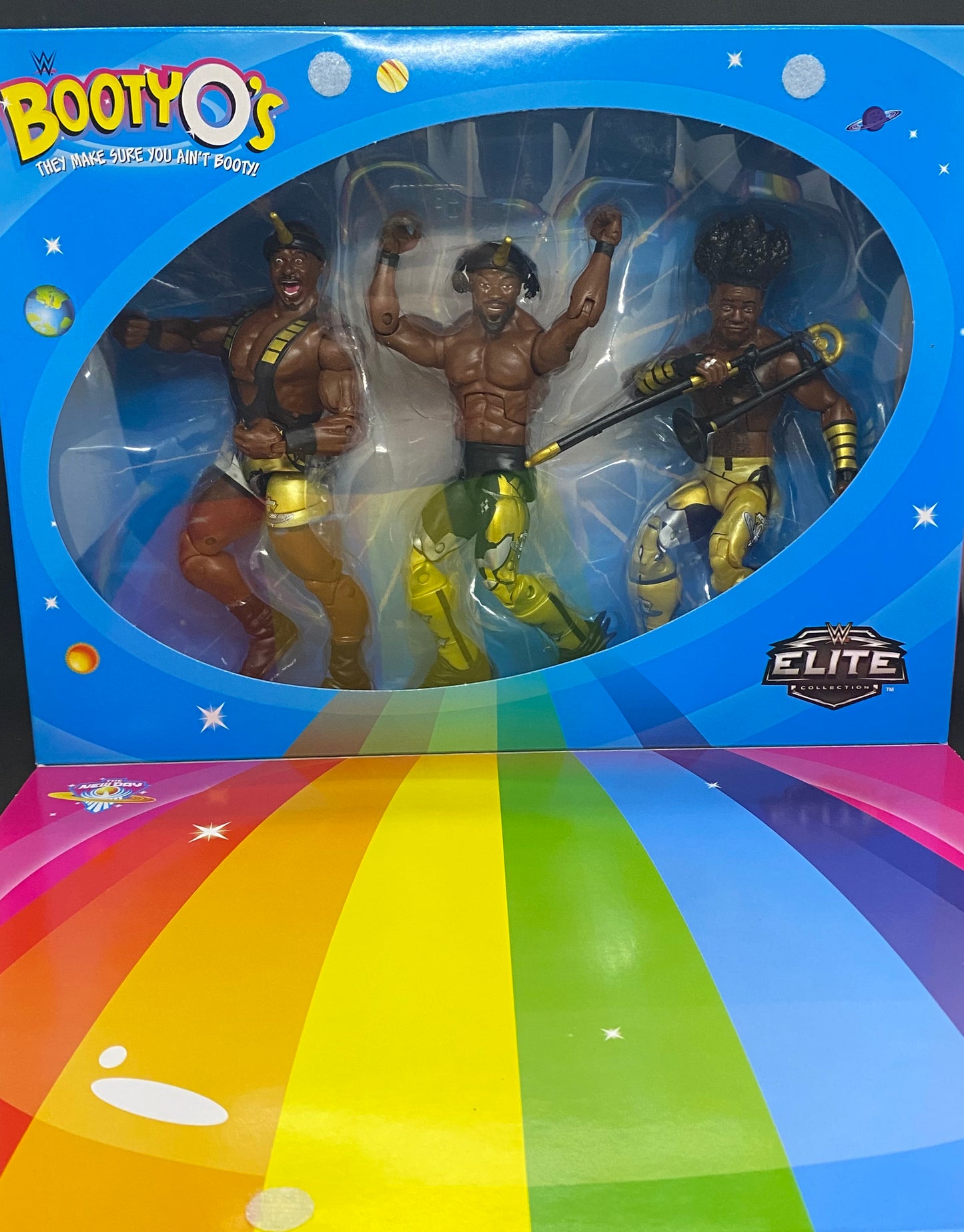 Mattel WWE Elite Booty O’s cereal box display with The New Day
